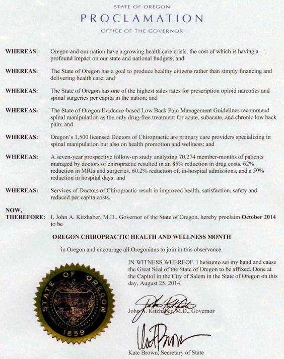 Oregon Governor Declares Chiropractic Month