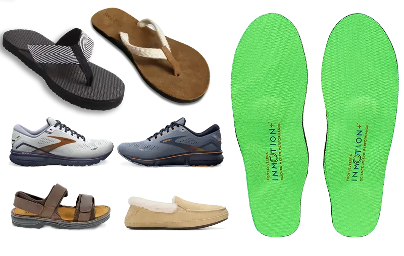 Brand-name shoes and sandals paired with Foot Levelers custom orthotic insoles